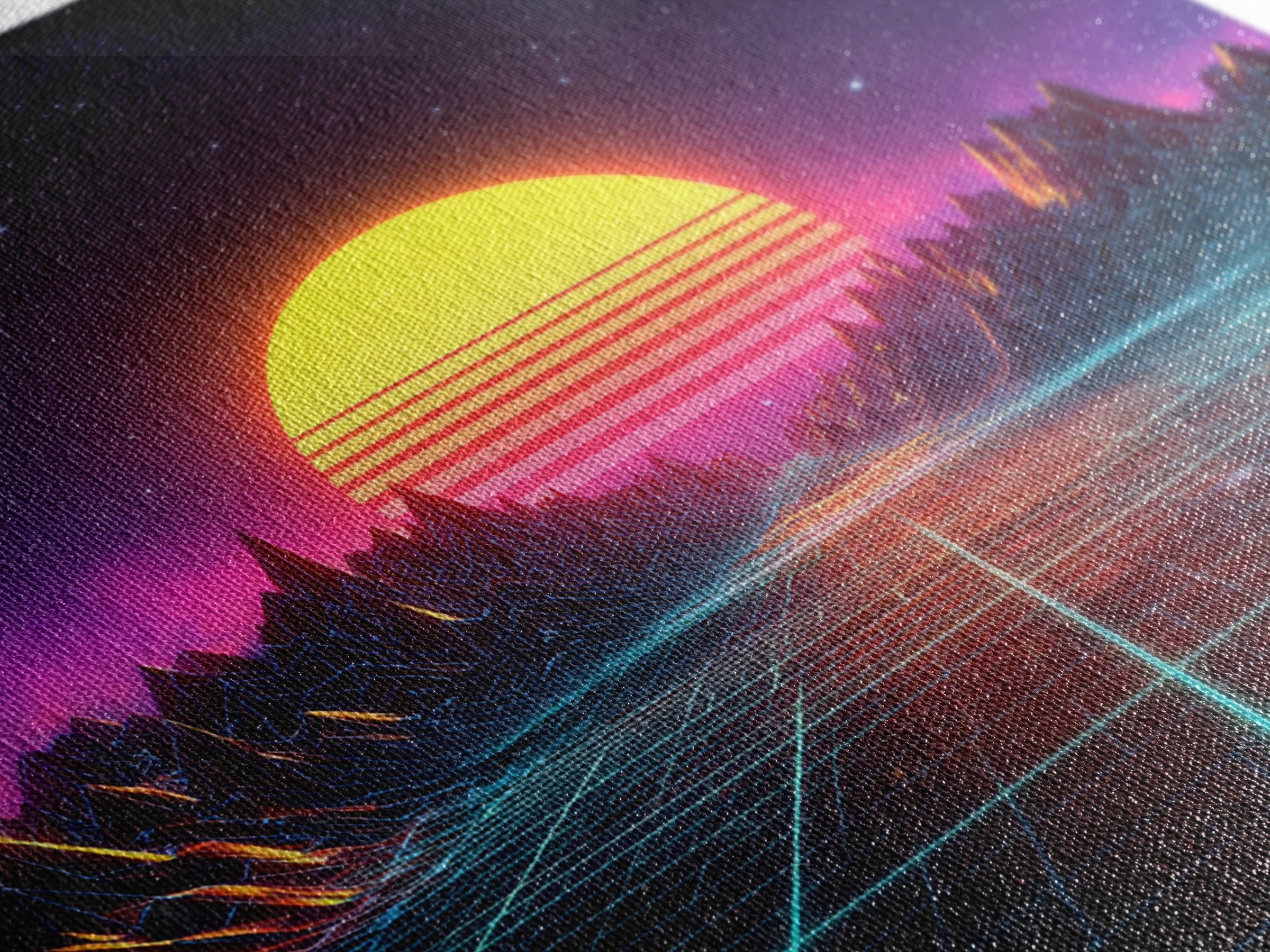 Retro Synthwave Sunset Landscape Canvas Print, Neon Cyberpunk Mountain Road Art, Gaming Room Decor Modern Wall Art