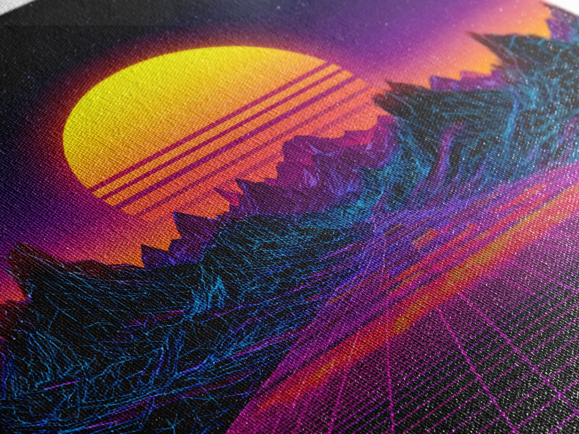 Retro Futuristic Neon Sunset Landscape Wall Art, Synthwave Mountains, 80s Vaporwave Canvas Print Home Decor