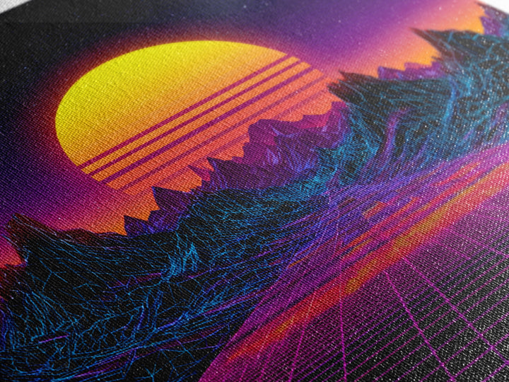 Retro Futuristic Neon Sunset Landscape Wall Art, Synthwave Mountains, 80s Vaporwave Canvas Print Home Decor