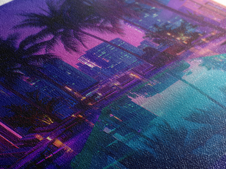 Neon City Rooftop Pool Nightscape Wall Art, Tropical Palm Skyline Print, Modern Urban Apartment Decor Wall Art