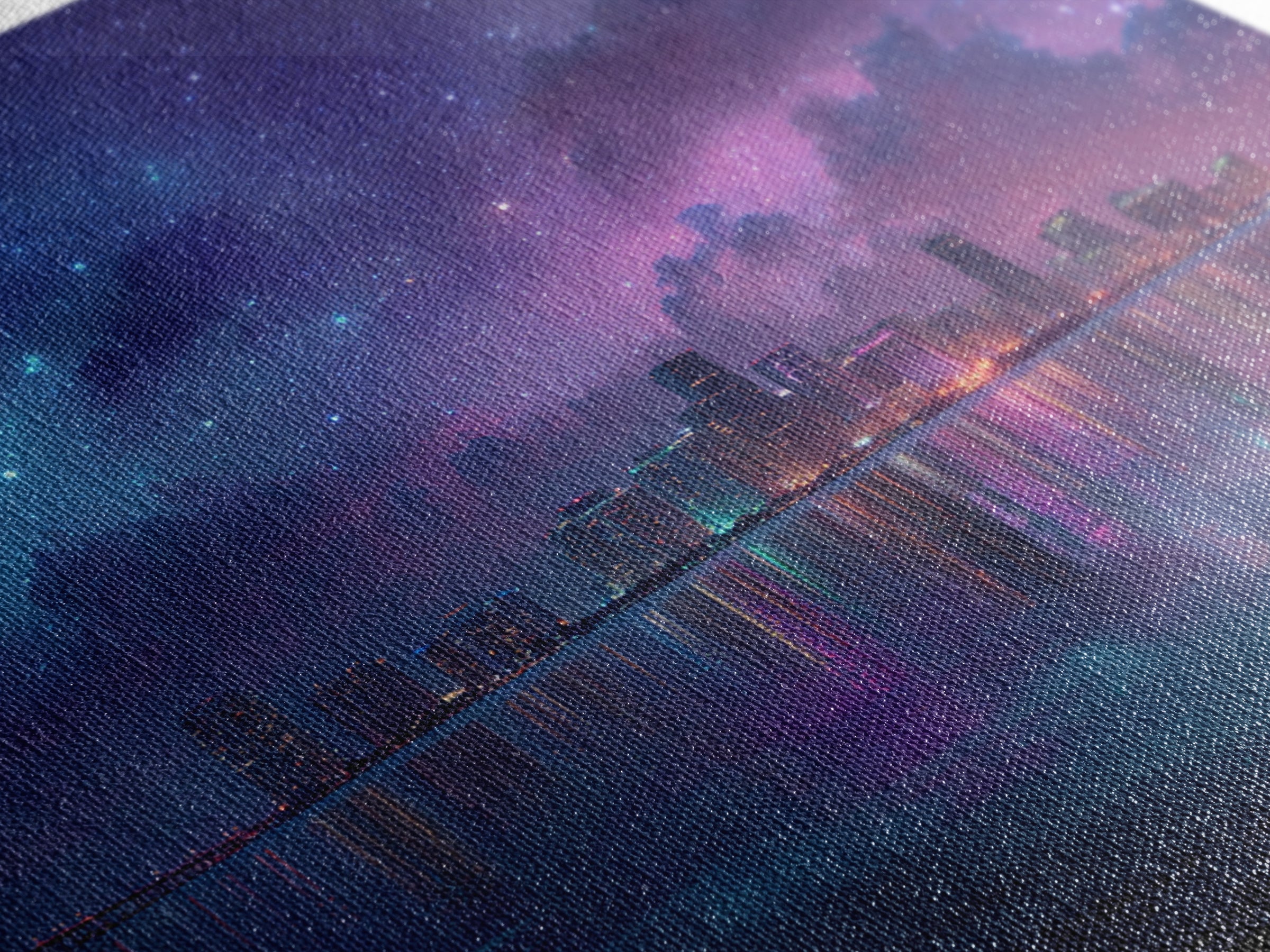 Neon City Skyline Under Starry Night Wall Art, Futuristic Coastal Canvas Print, Modern Apartment Decor