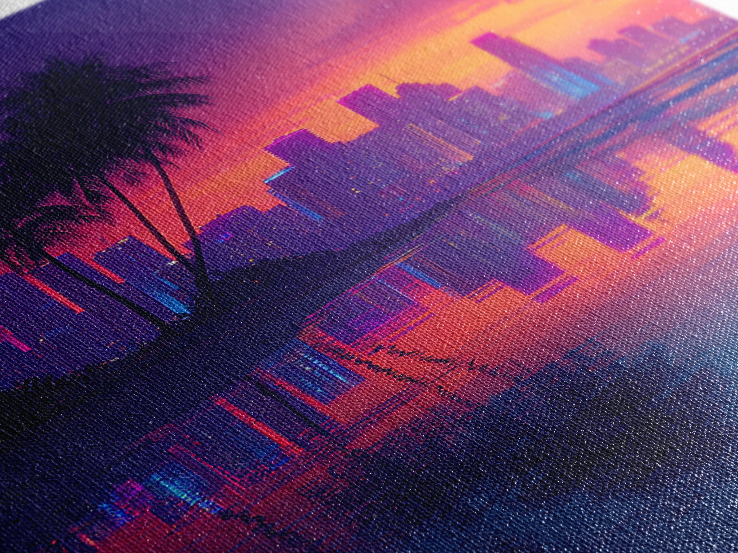 Neon Tropical City Sunset Beach Wall Art, Vibrant Coastal Canvas Print For Modern Living Room Decor And Dorm Aesthetic