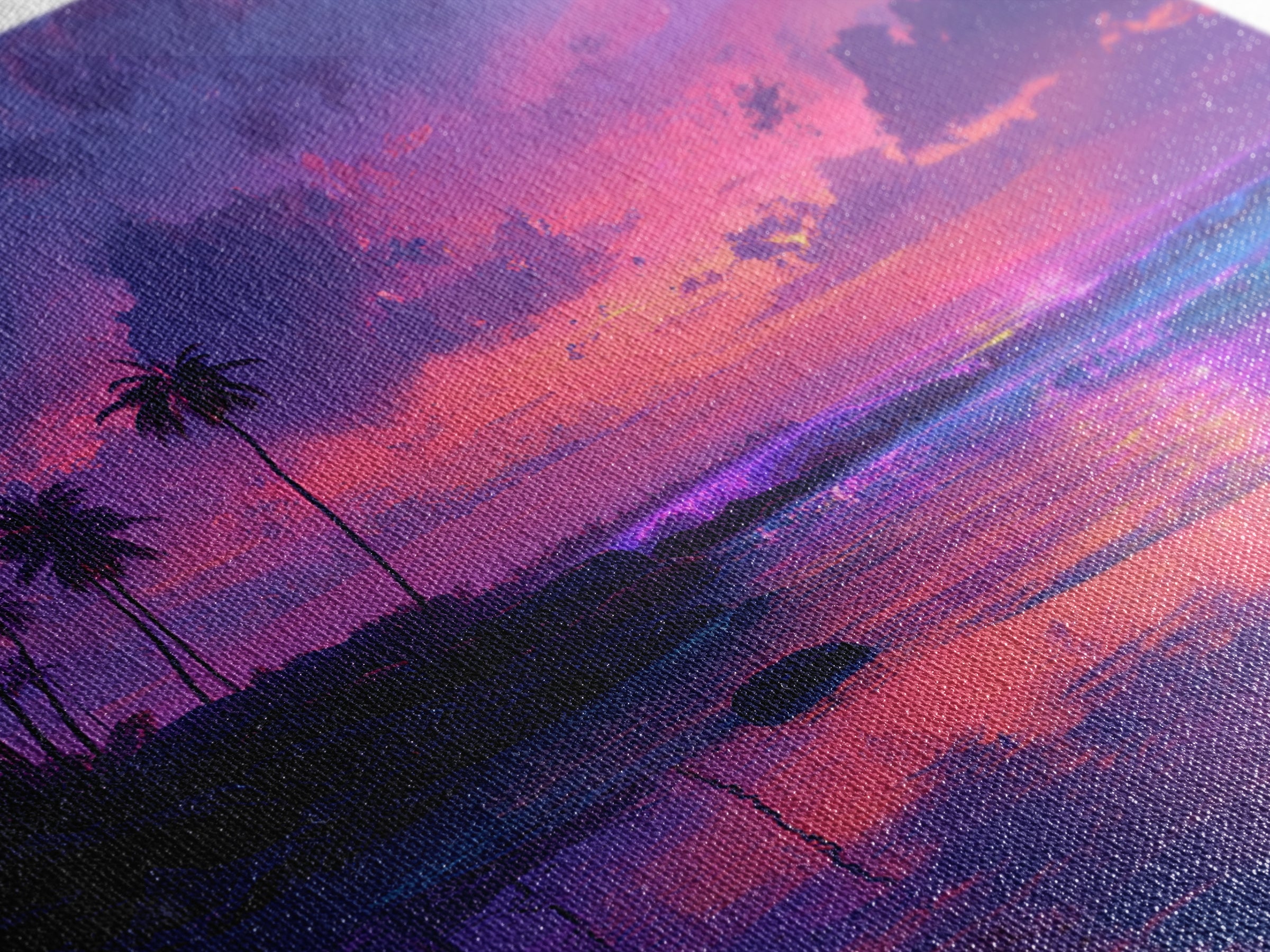 Vibrant Pink And Purple Tropical Seascape Wall Art, Palm Tree Sunset Ocean Landscape Canvas Print Decor