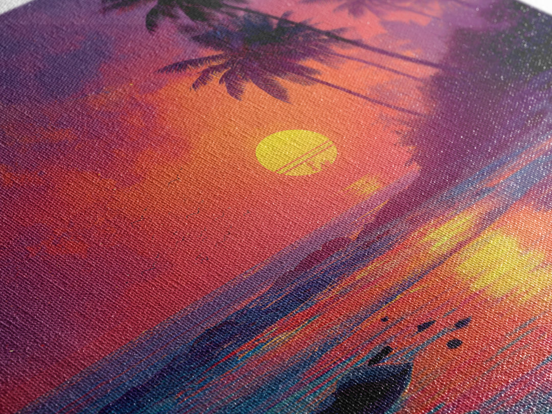 Vibrant Tropical Sunset Beach Wall Art, Colorful Palm Tree Ocean Canvas Print, Coastal Decor, Relaxing Summer Seascape