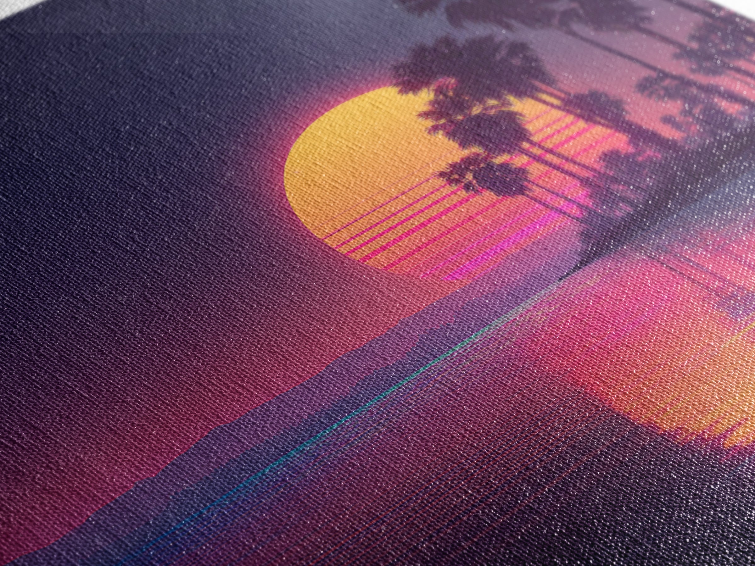 Neon Palm Tree Sunset Over Tropical Beach Wall Art, Retro Coastal Home Decor, Modern Landscape Art Print, Living Room Decor