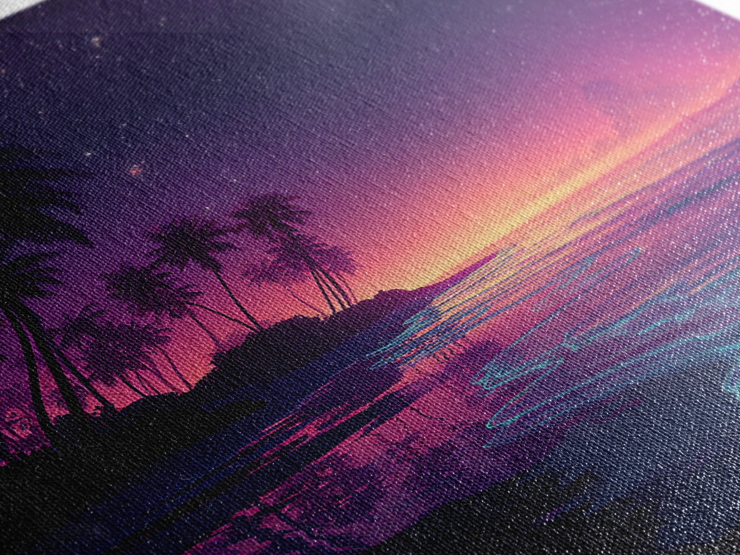 Neon Night Beach With Palm Trees Canvas Print, Dreamy Coastal Ocean Wall Art, Retro Tropical Bedroom And Living Room Decor