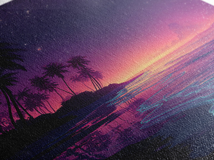 Neon Night Beach With Palm Trees Canvas Print, Dreamy Coastal Ocean Wall Art, Retro Tropical Bedroom And Living Room Decor