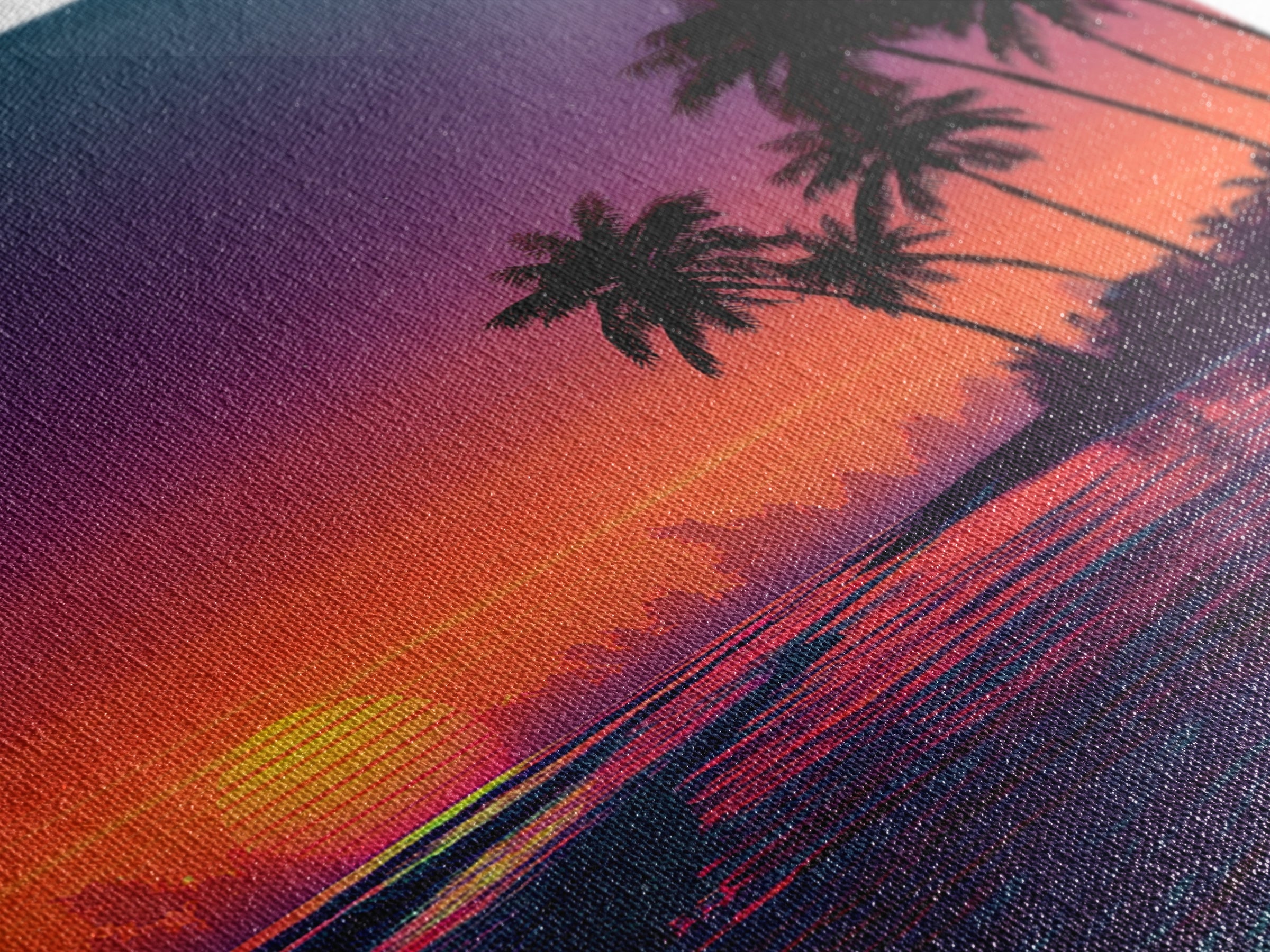 Neon Tropical Sunset Beach With Palm Trees Canvas Print, Coastal Wall Art, Colorful Ocean Art, Modern Home Decor Living Room