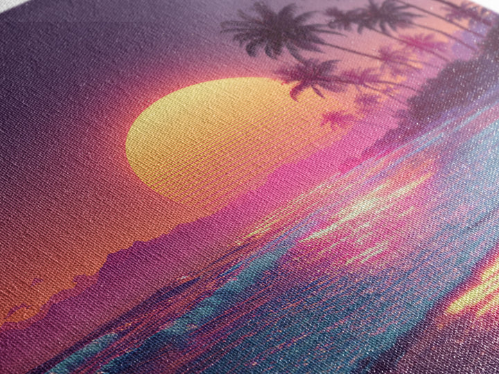 Pink Neon Beach Sunset Wall Art, Dreamy Vaporwave Ocean Canvas Print, Retro Coastal Landscape Art For Bedroom Or Living Room Decor