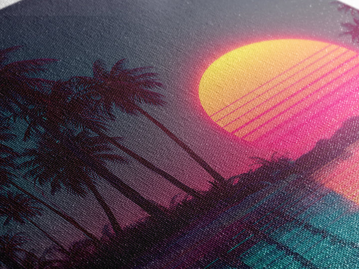 Neon Tropical Palm Trees And Retro Sunset Beach Wall Art, Vaporwave Coastal Canvas Print, Aesthetic Room Decor