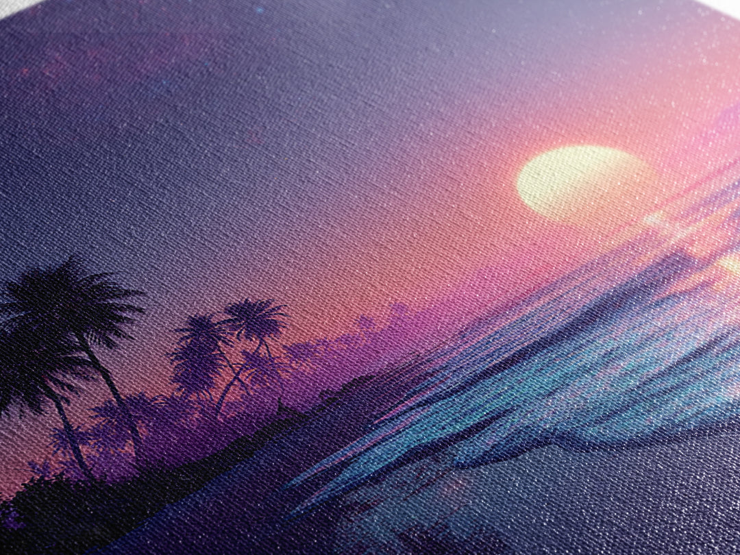 Tropical Neon Sunset Beach Wall Art, Palm Tree Coastal Landscape Print, Colorful Summer Home Decor Canvas Print