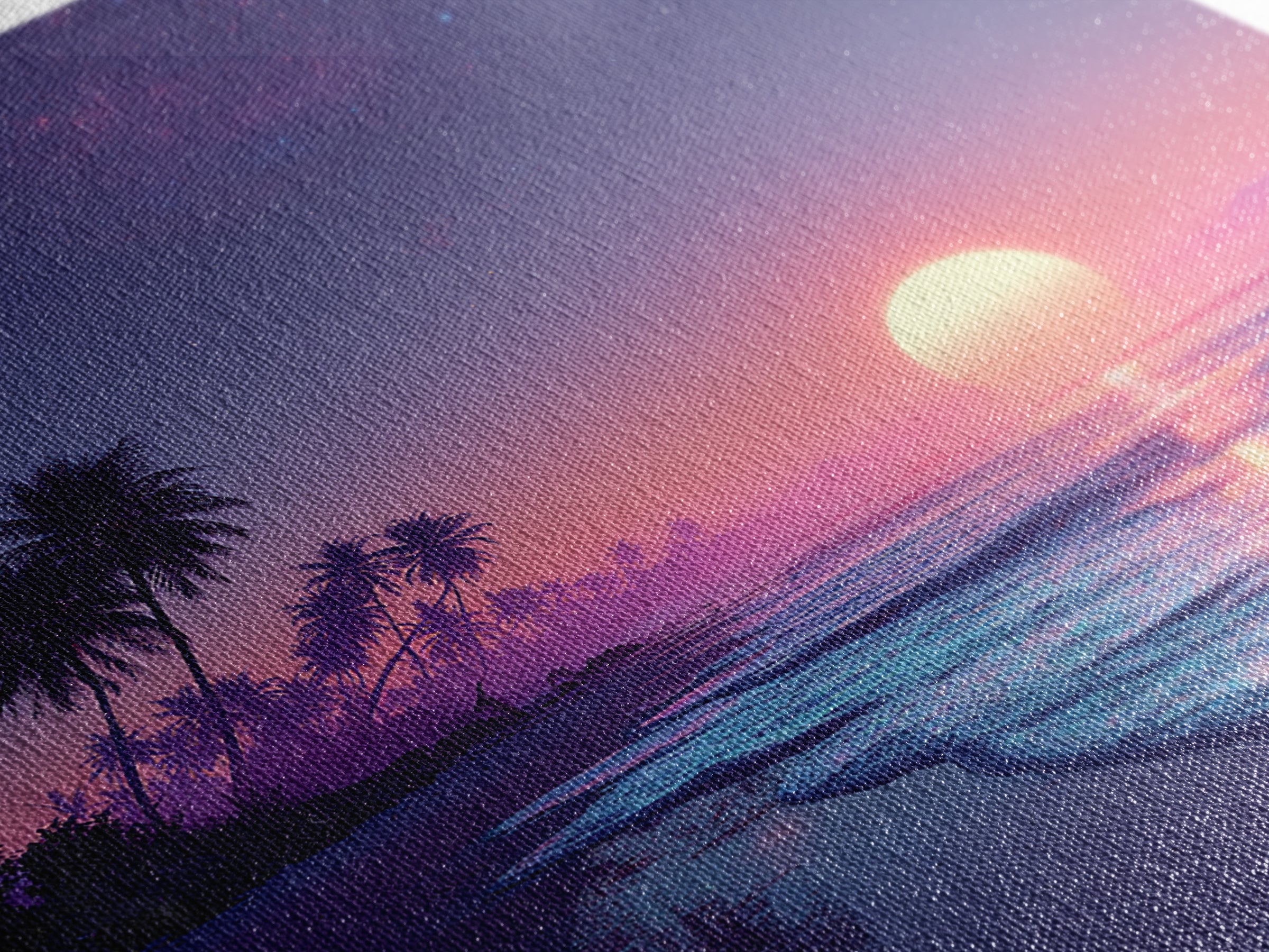 Tropical Neon Sunset Beach Wall Art, Palm Tree Coastal Landscape Print, Colorful Summer Home Decor Canvas Print