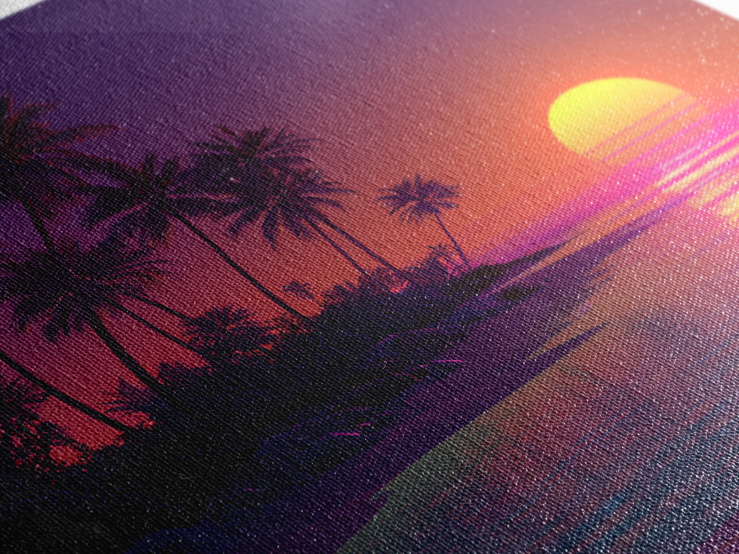 Neon Tropical Sunset Beach Wall Art, Retro Coastal Canvas Print, Summer Ocean Decor, Vibrant Modern Coastal Wall Art