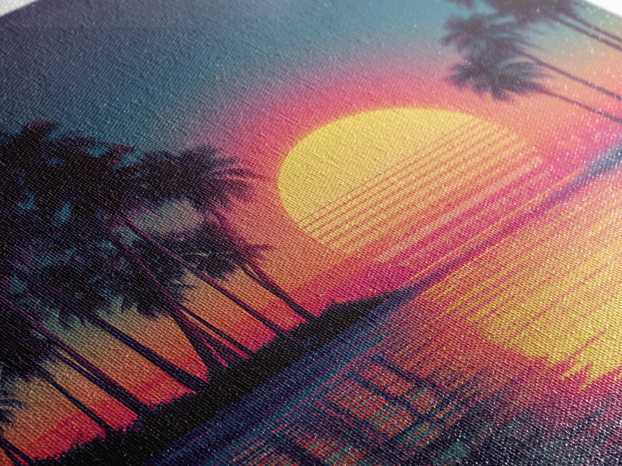 Dreamy Neon Palm Tree Sunset Beach Wall Art, Retro Coastal Landscape, Vibrant Summer Canvas Print Decor