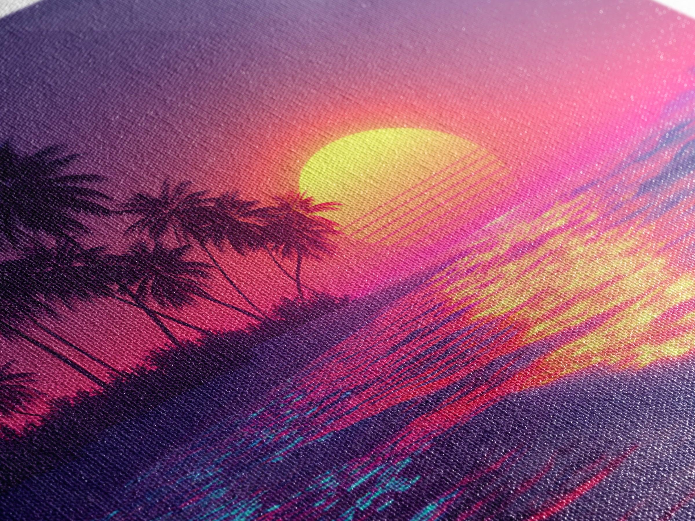 Neon Pink Beach Sunset Wall Art, Tropical Palm Tree Ocean Horizon Canvas Print, Coastal Summer Decor, Vibrant Seascape
