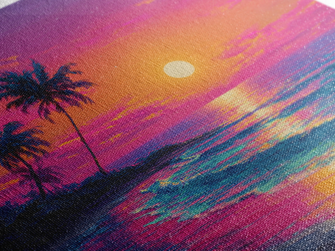 Vibrant Moonrise Beach Canvas Print, Colorful Tropical Ocean Wall Art, Coastal Sunset Painting For Bedroom Or Beach House
