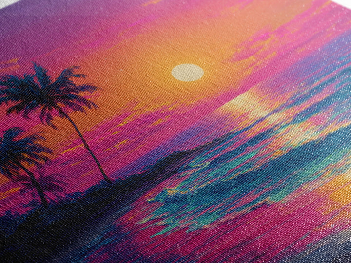 Vibrant Moonrise Beach Canvas Print, Colorful Tropical Ocean Wall Art, Coastal Sunset Painting For Bedroom Or Beach House