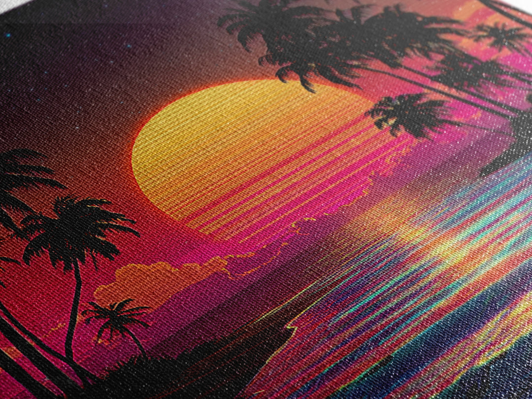 Neon Tropical Sunset Beach With Palm Trees Wall Art, Retro Coastal Print, Vibrant Summer Home Decor, Modern Canvas Print
