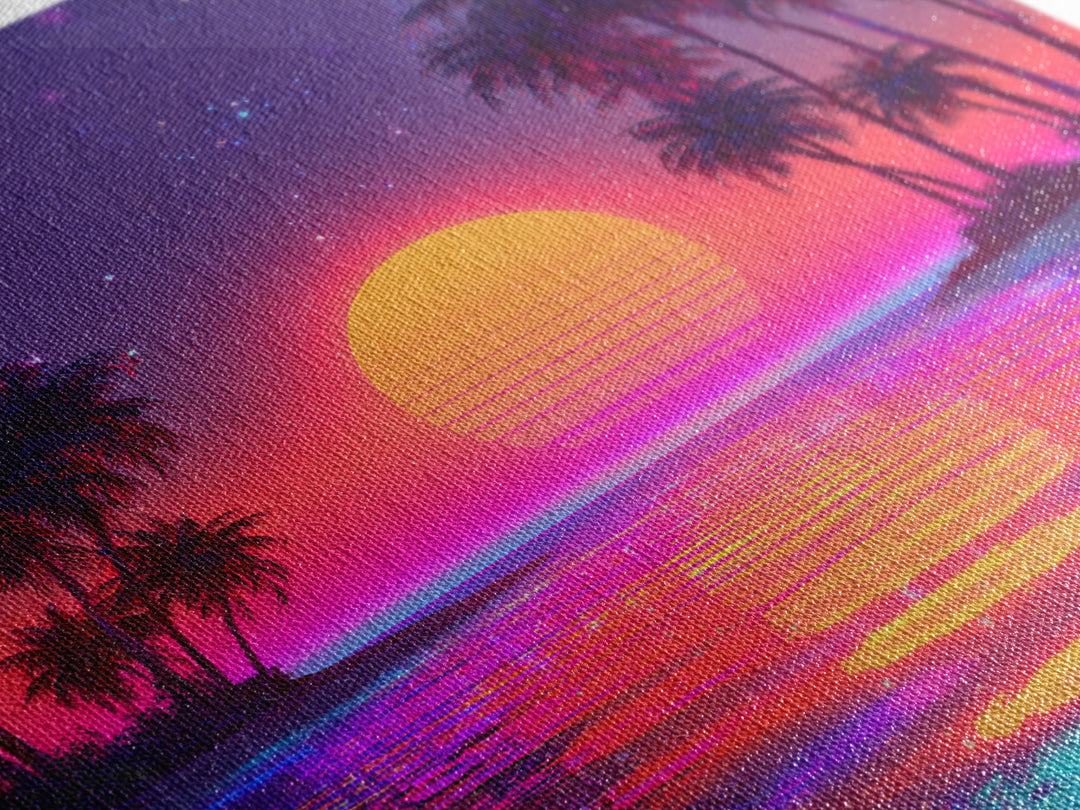 Vibrant Neon Tropical Sunset Beach Wall Art, Retro Wave Palm Landscape Canvas Print, Colorful Coastal Room Decor