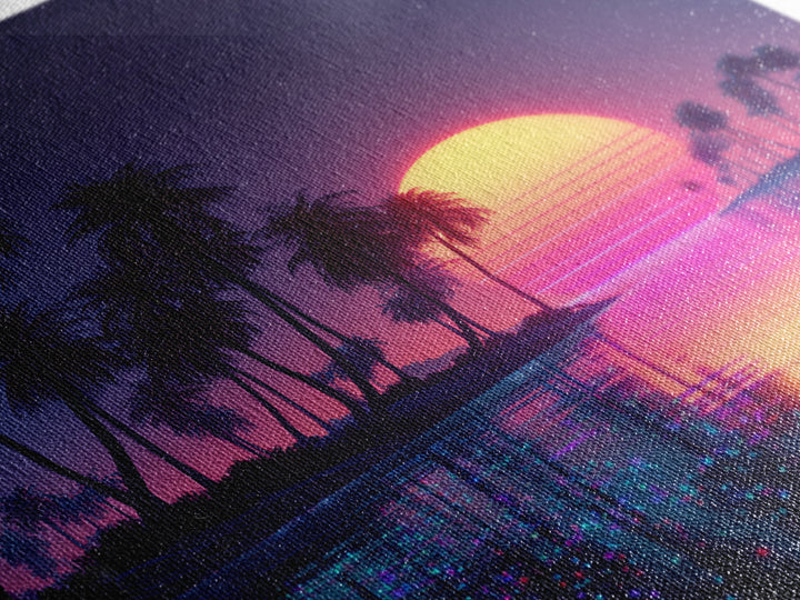 Sparkling Lagoon Neon Sunset With Palm Trees Wall Art, Retro Tropical Home Decor, Colorful Coastal Canvas Print