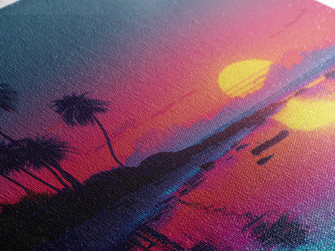Neon Tropical Sunset Beach Wall Art, Vibrant Coastal Landscape Art Print, Modern Coastal Decor Canvas Print For Living Room