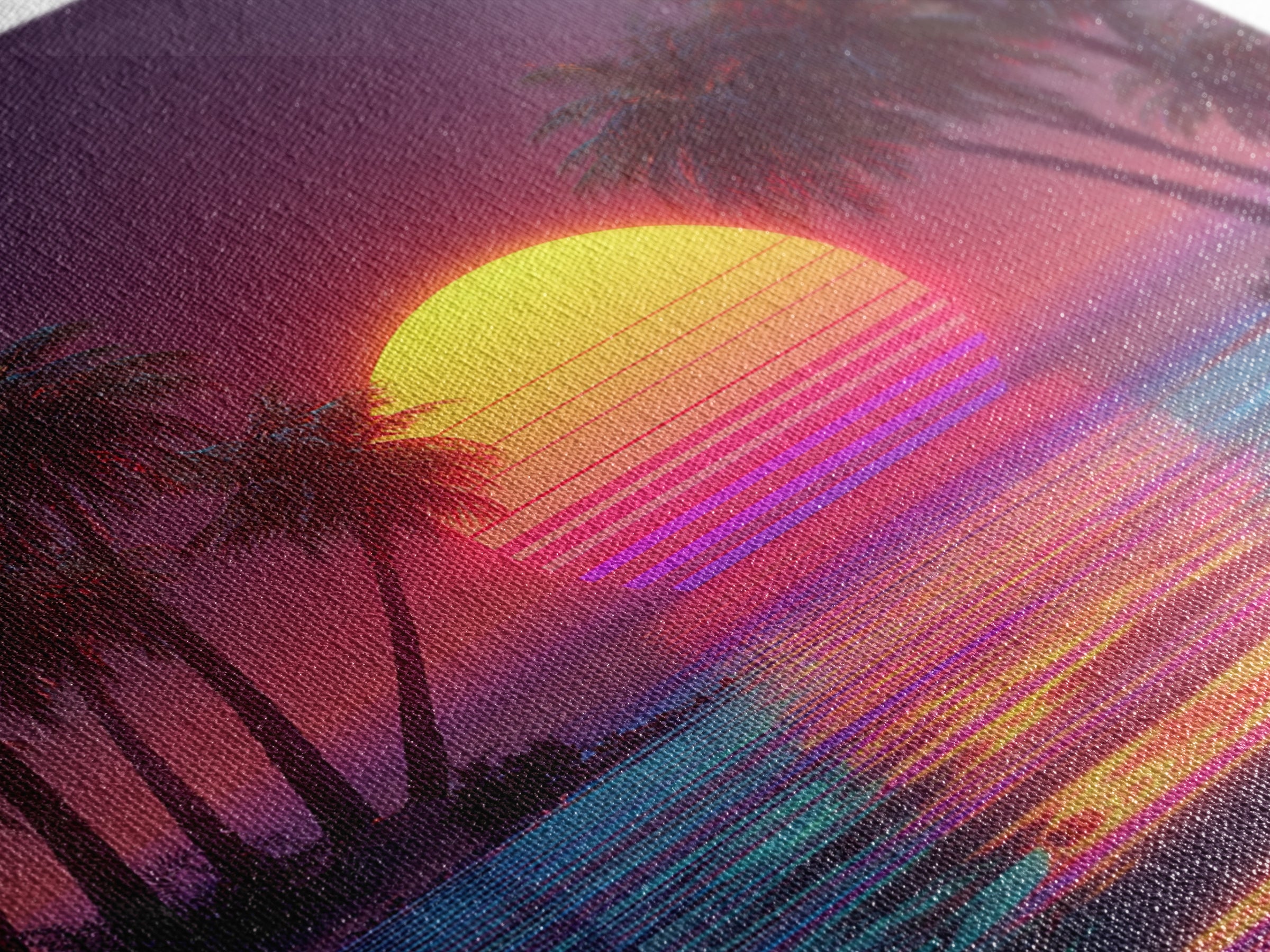 Vaporwave Tropical Sunset Beach Wall Art Canvas Print, Neon Coastal Landscape For Gaming Room And Modern Home Decor