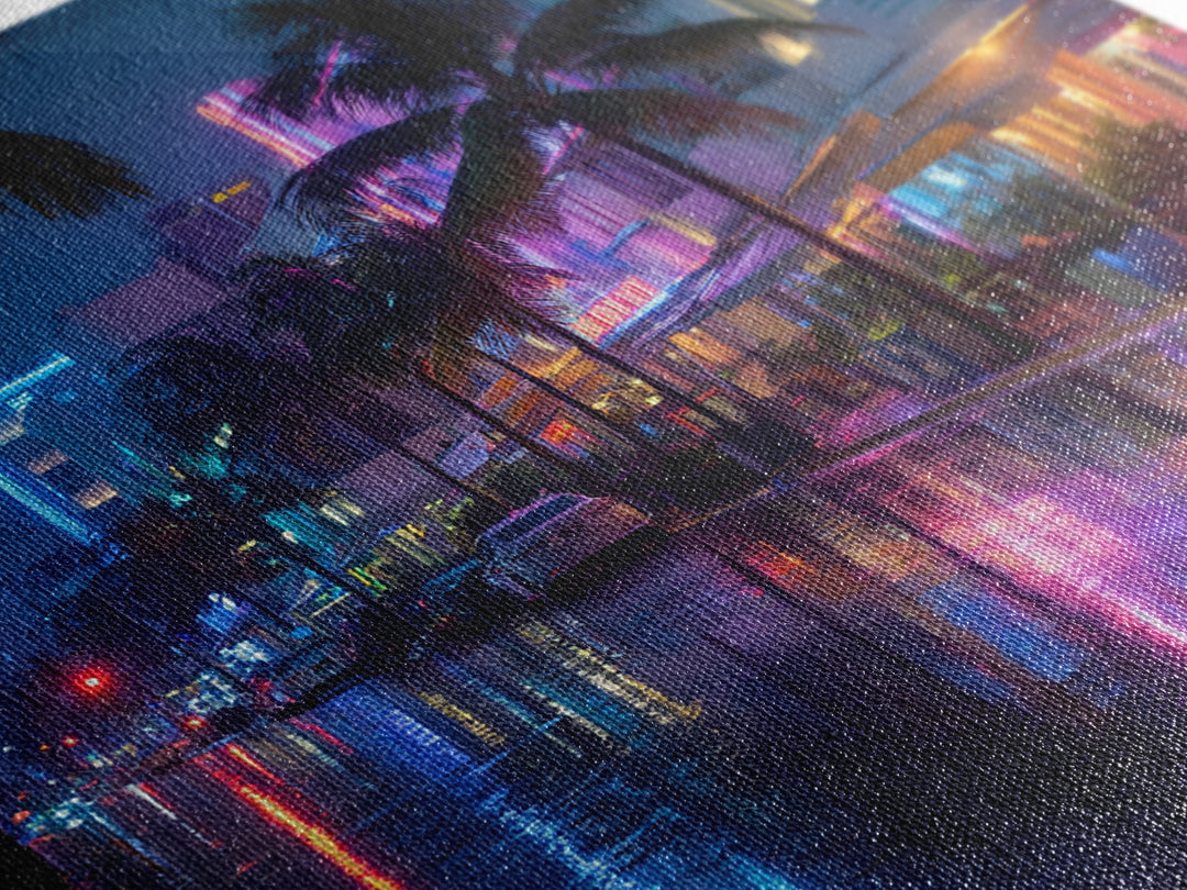 Neon Rainy City Street At Night Wall Art, Colorful Modern Urban Photography Print, Living Room Decor, Large Canvas Print