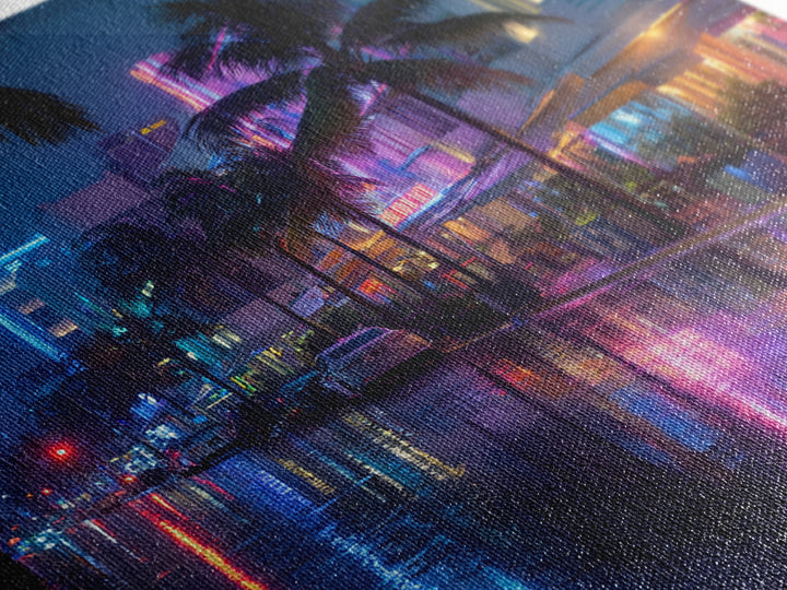 Neon Rainy City Street At Night Wall Art, Colorful Modern Urban Photography Print, Living Room Decor, Large Canvas Print
