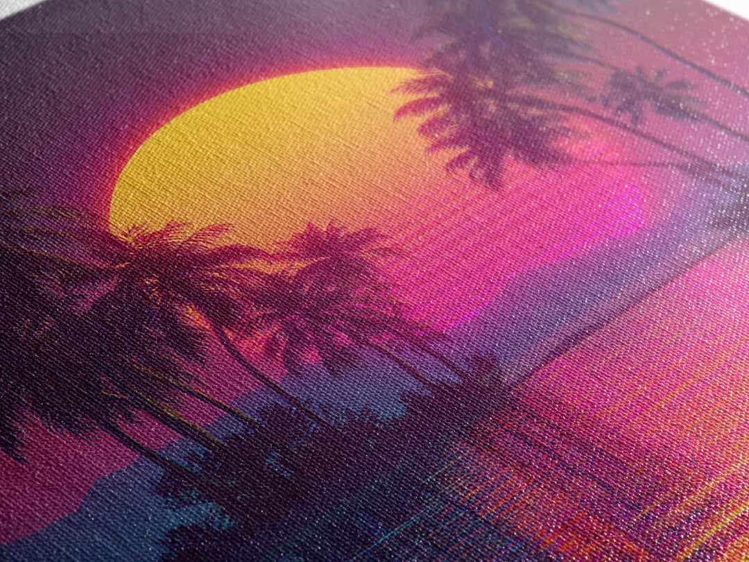 Neon Tropical Island Sunset Wall Art, Retro Synthwave Beach Landscape, Vibrant Coastal Decor, Modern Living Room Canvas Print