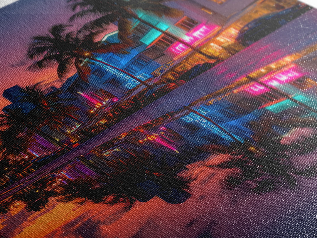 Miami Neon Night Cityscape Wall Art, Colorful South Beach Photography Print, Modern Urban Wall Decor Framed Canvas Print