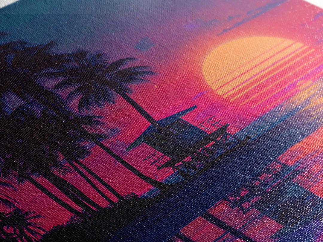 Tropical Neon Sunset Beach Canvas Print, Retro Coastal Wall Art, Palm Tree Ocean Decor Vibrant Living Room Wall Art