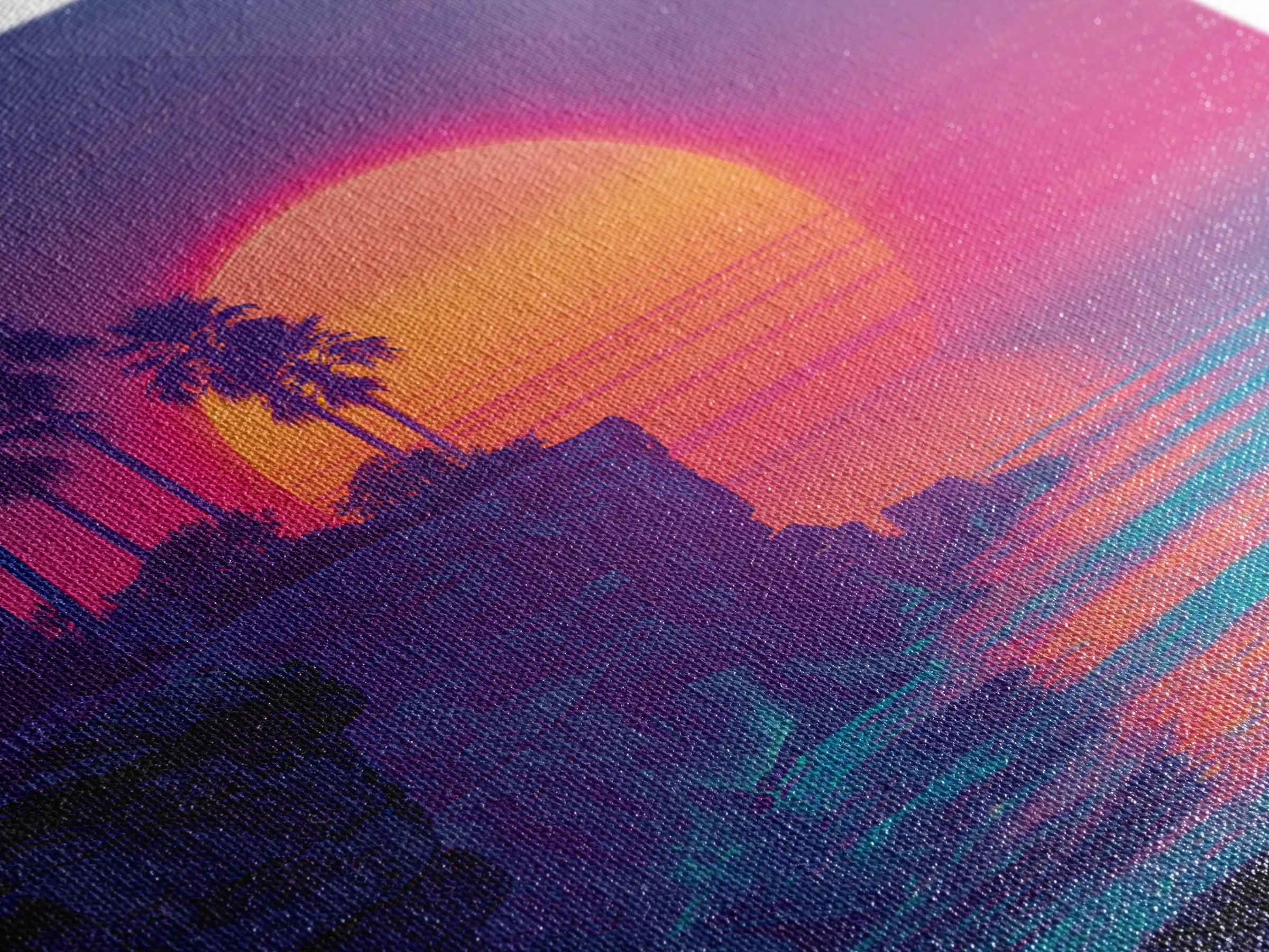 Neon Tropical Sunset Cliff Wall Art, Retro Coastal Ocean Canvas Print For Modern Coastal Decor And Vibrant Living Room