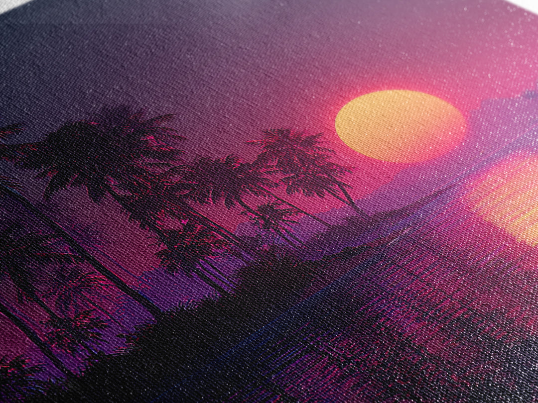 Neon Tropical Sunset Palm Tree Beach Wall Art, Vibrant Retro Coastal Landscape Canvas Print Home Decor