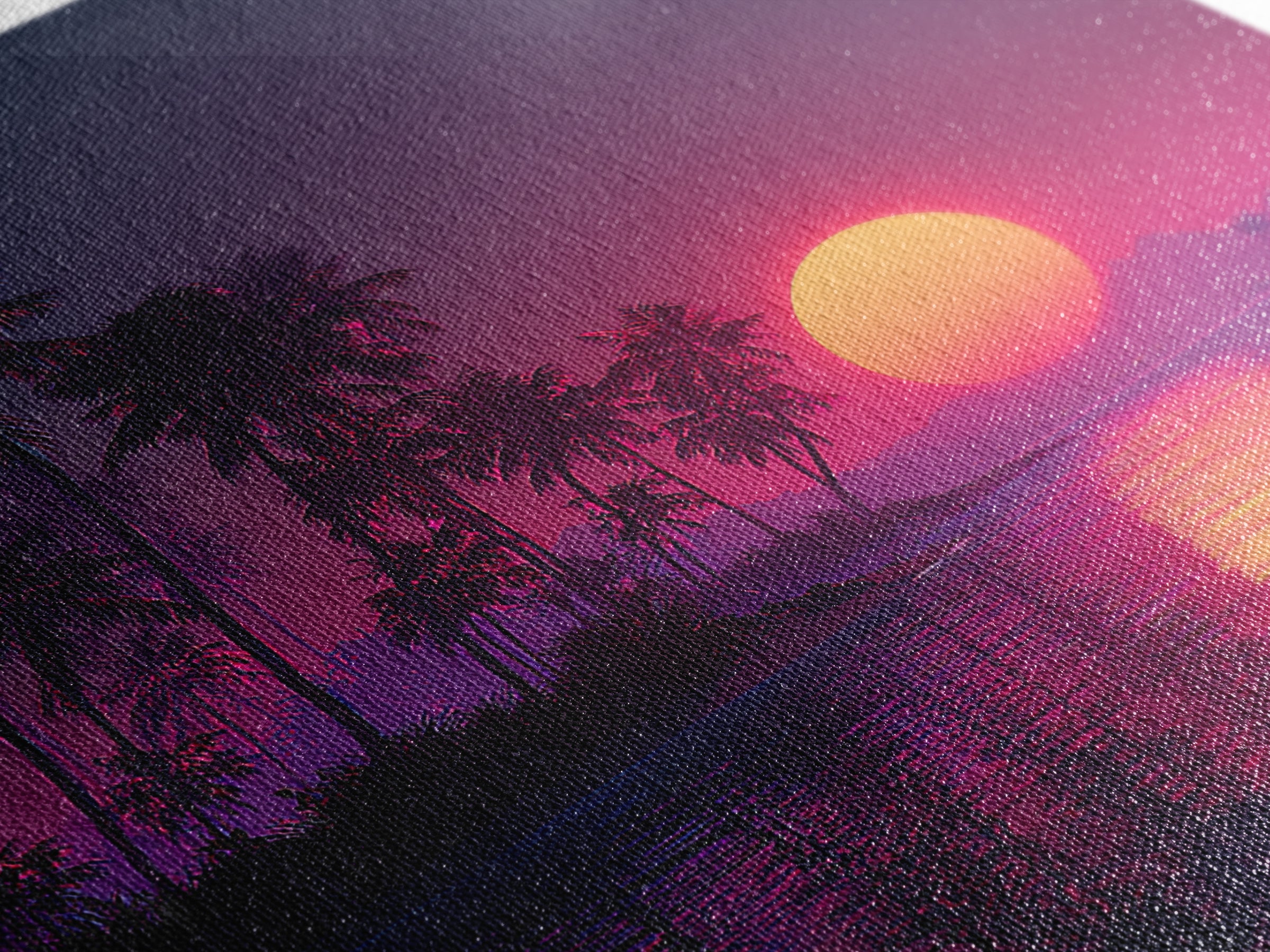 Neon Tropical Sunset Palm Tree Beach Wall Art, Vibrant Retro Coastal Landscape Canvas Print Home Decor