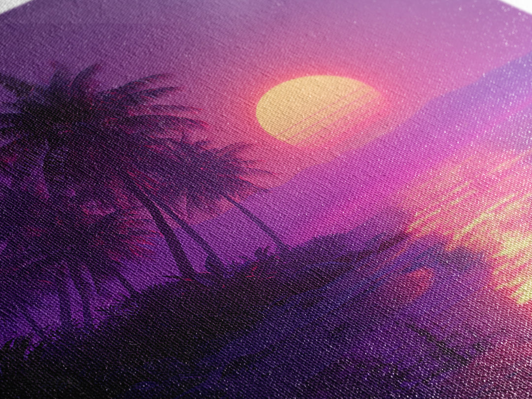 Neon Tropical Beach Sunset Wall Art, Vaporwave Palm Trees Canvas Print, Coastal Retro Ocean Art For Bedroom Or Living Room Decor