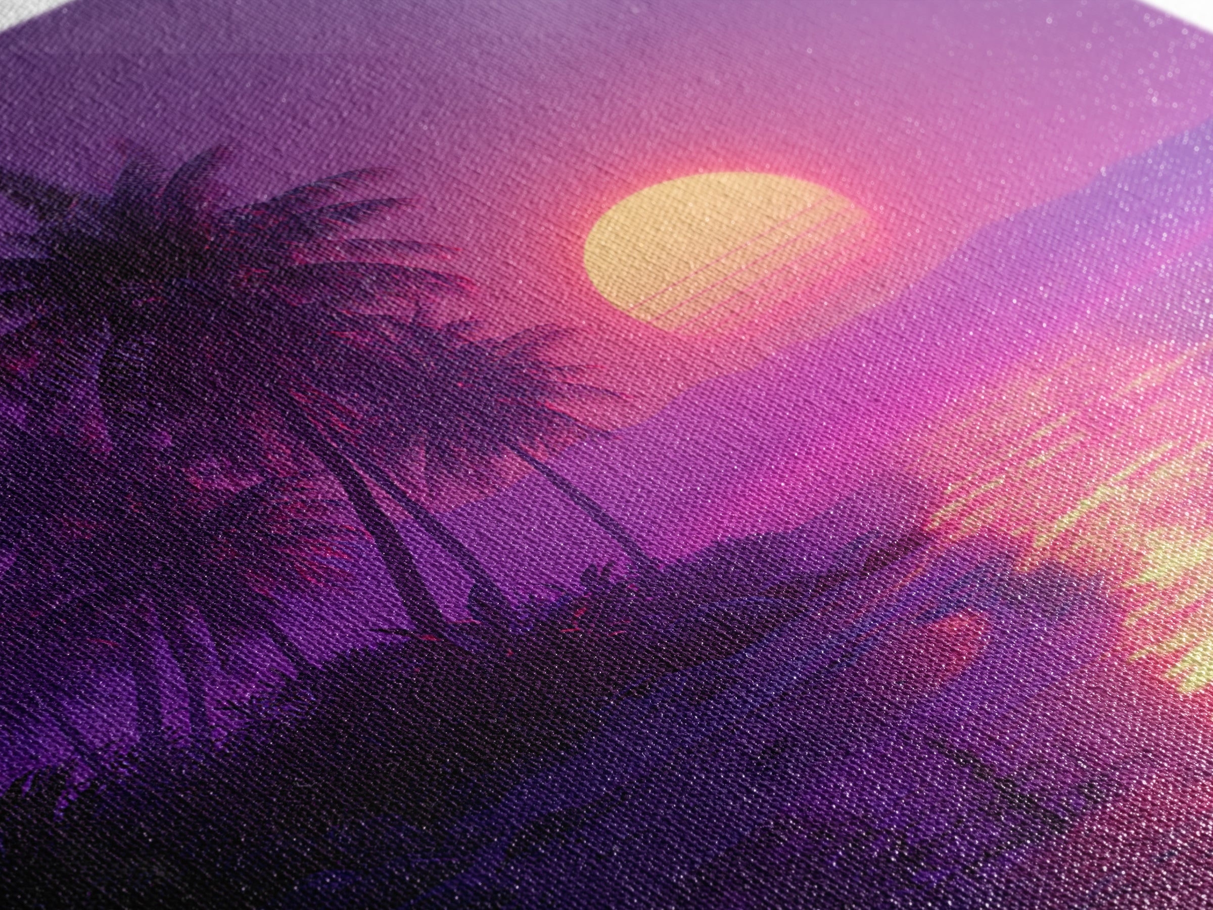 Neon Tropical Beach Sunset Wall Art, Vaporwave Palm Trees Canvas Print, Coastal Retro Ocean Art For Bedroom Or Living Room Decor