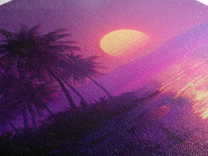 Neon Tropical Beach Sunset Wall Art, Vaporwave Palm Trees Canvas Print, Coastal Retro Ocean Art For Bedroom Or Living Room Decor
