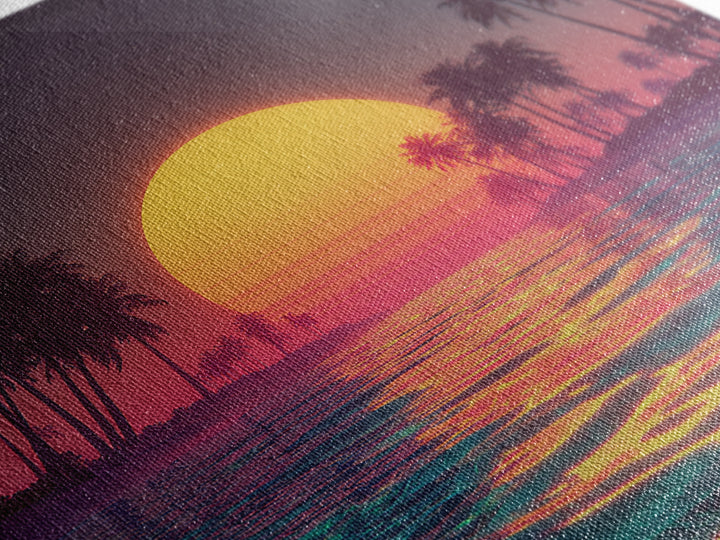 Neon Sunset Palm Beach Wall Art For Coastal Home Decor, Retro Tropical Ocean Canvas Print, Modern Coastal Wall Art