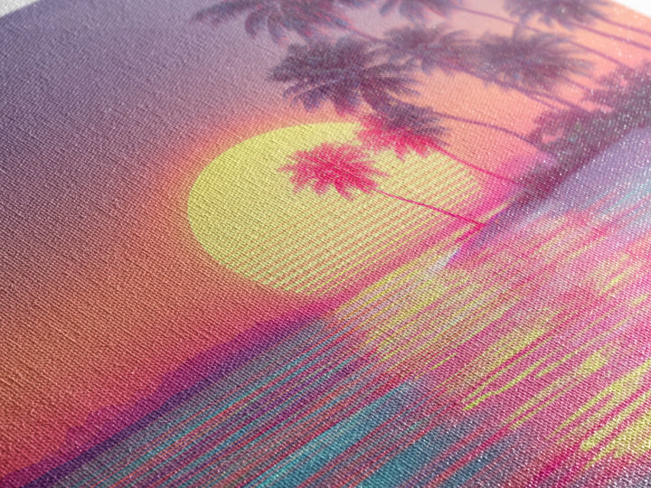 Dreamy Tropical Palm Trees Pink Sunset Beach Canvas Print, Coastal Wall Art, Vaporwave Ocean Decor, Pastel Summer Poster