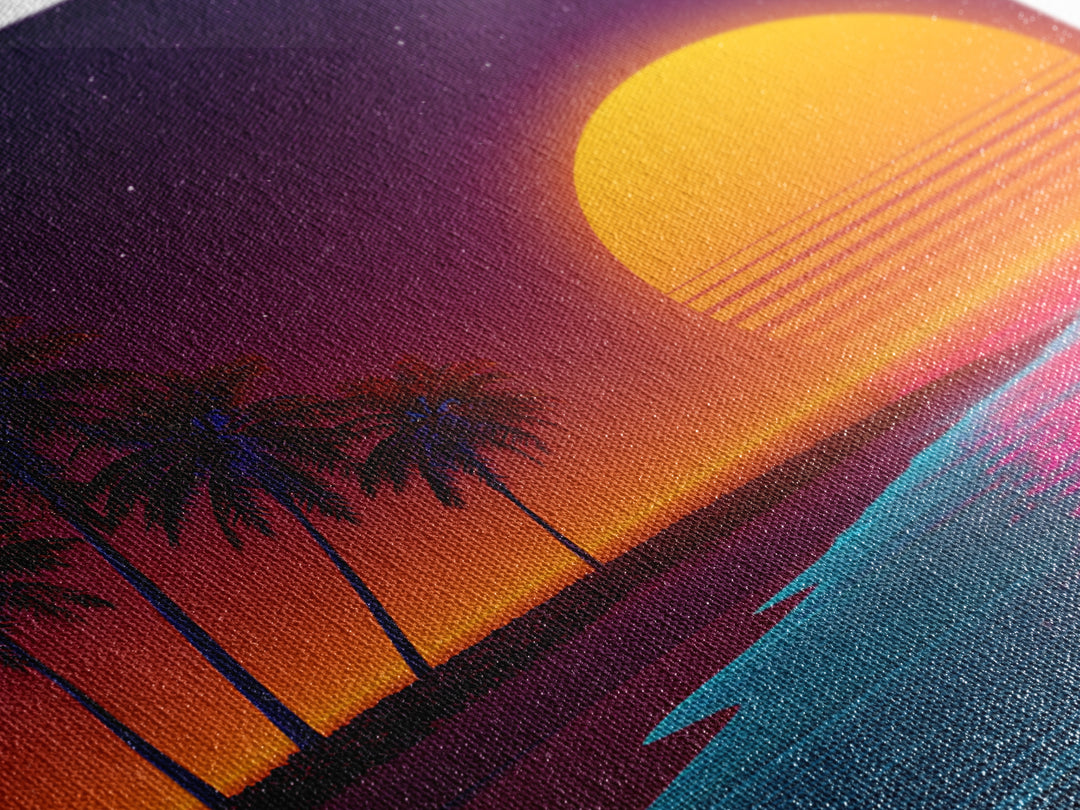Neon Island Sunset Palm Tree Canvas Print, Retro Tropical Beach Wall Art, Bold Synthwave Coastal Decor, Colorful Bedroom Wall Art