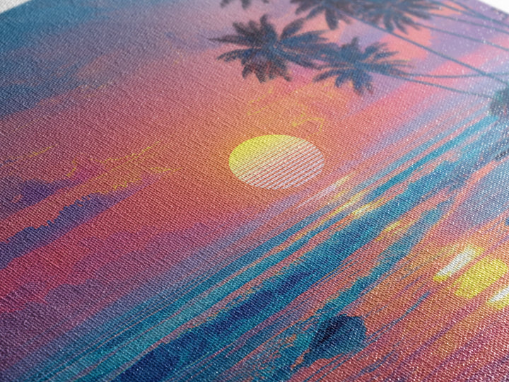 Dreamy Tropical Beach Sunset With Palms Wall Art, Pastel Coastal Canvas Print For Relaxing Modern Home Decor