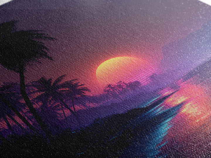Neon Tropical Beach Sunset Wall Art, Retro Coastal Palm Tree Canvas Print, Vibrant Ocean Night Sky Home Decor