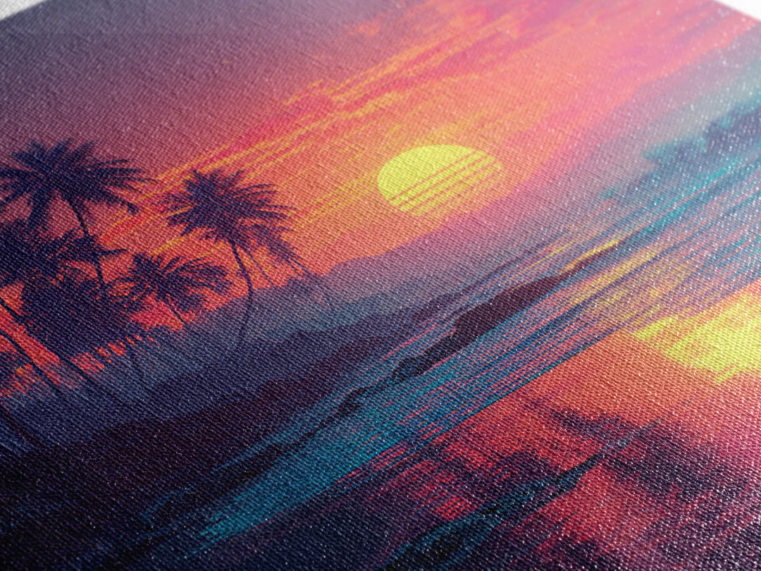 Tropical Pink Sunset Beach Wall Art, Palm Tree Coastal Ocean Canvas Print For Modern Coastal Decor And Bedroom Wall