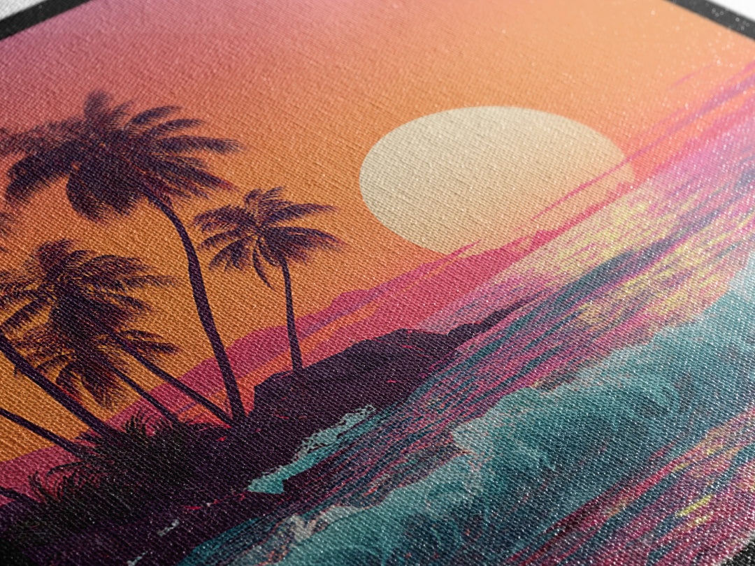 Retro Tropical Sunset Wall Art, Pink And Orange Beach Canvas Print, Aesthetic Coastal Decor For Bedroom