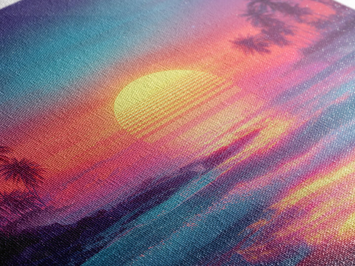 Neon Tropical Sunset Beach Wall Art, Retro Ocean Landscape Canvas Print, Coastal Home Decor, Modern Abstract Seascape