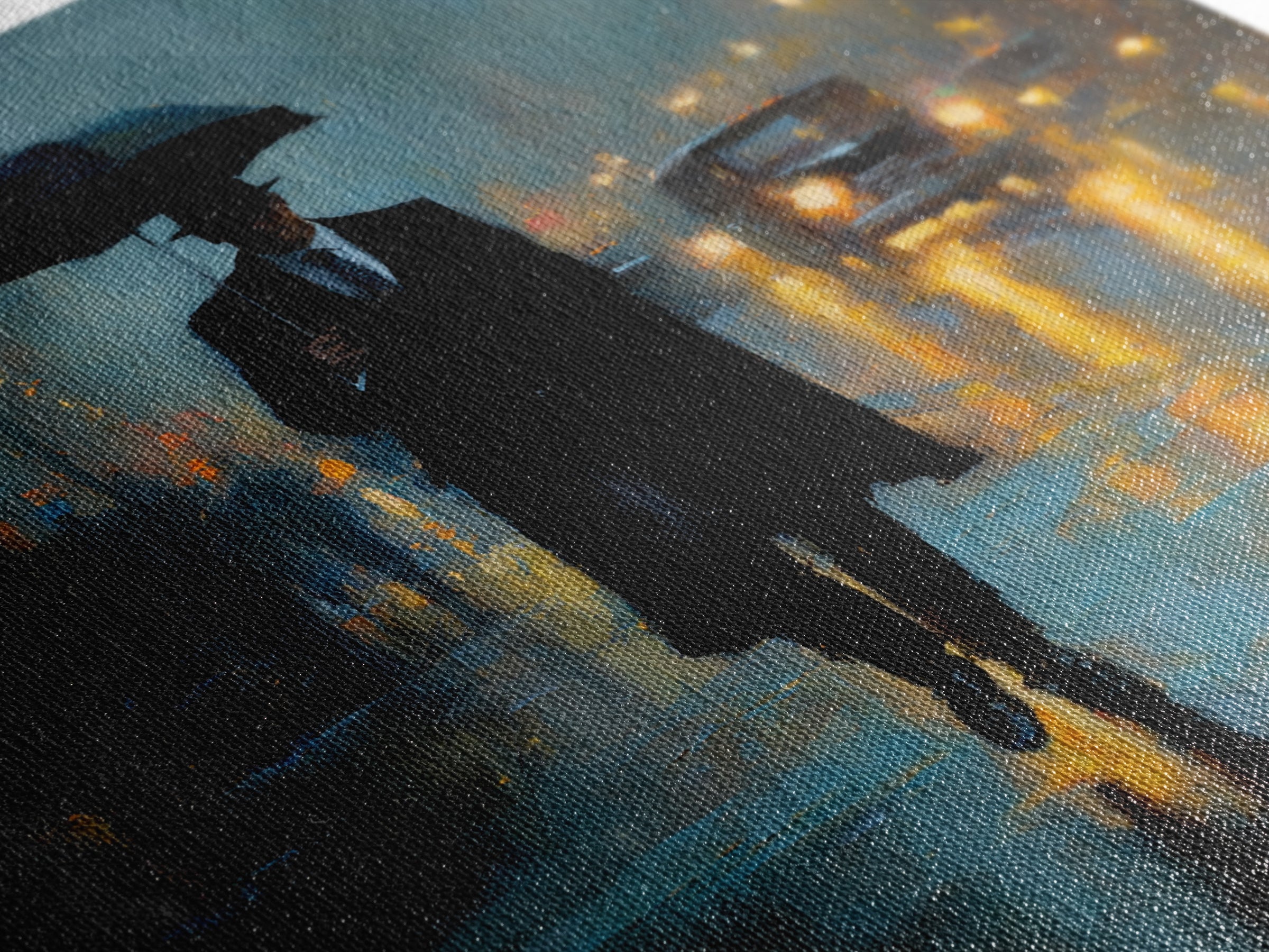 Noir Gentleman With Umbrella In Rainy City Wall Art, Moody Oil Painting Print, Dark Academia Office Decor, Gift For Him