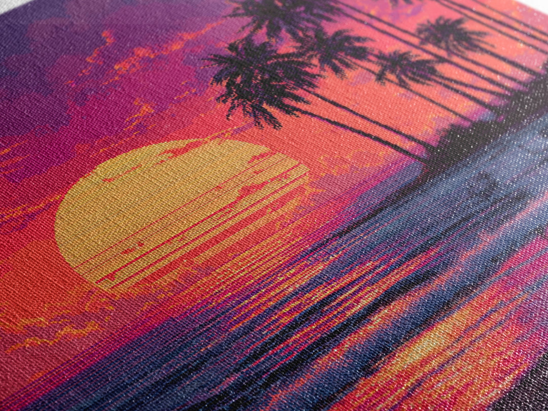 Pixel Art Tropical Sunset Beach Wall Art, Retro 8 Bit Palm Landscape Canvas Print, Colorful Gaming Room Decor