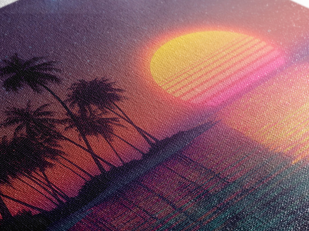 Neon Tropical Beach Palm Trees Retro Sunset Night Sky Wall Art Canvas Print Coastal Decor Bedroom Living Room Wall Art