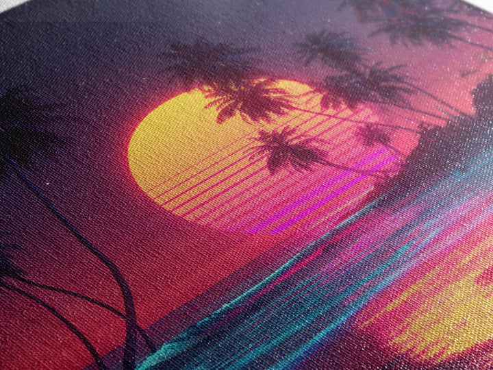 Neon Tropical Beach Sunset With Palms Wall Art, Retro Vaporwave Ocean Night Sky Canvas Print