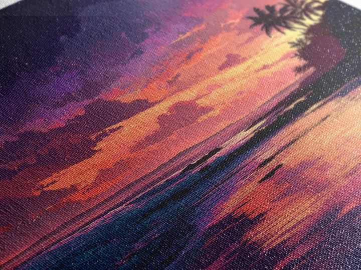 Vibrant Tropical Sunset Beach Wall Art, Colorful Coastal Ocean Painting Print, Summer Beach House Decor Living Room Wall Art